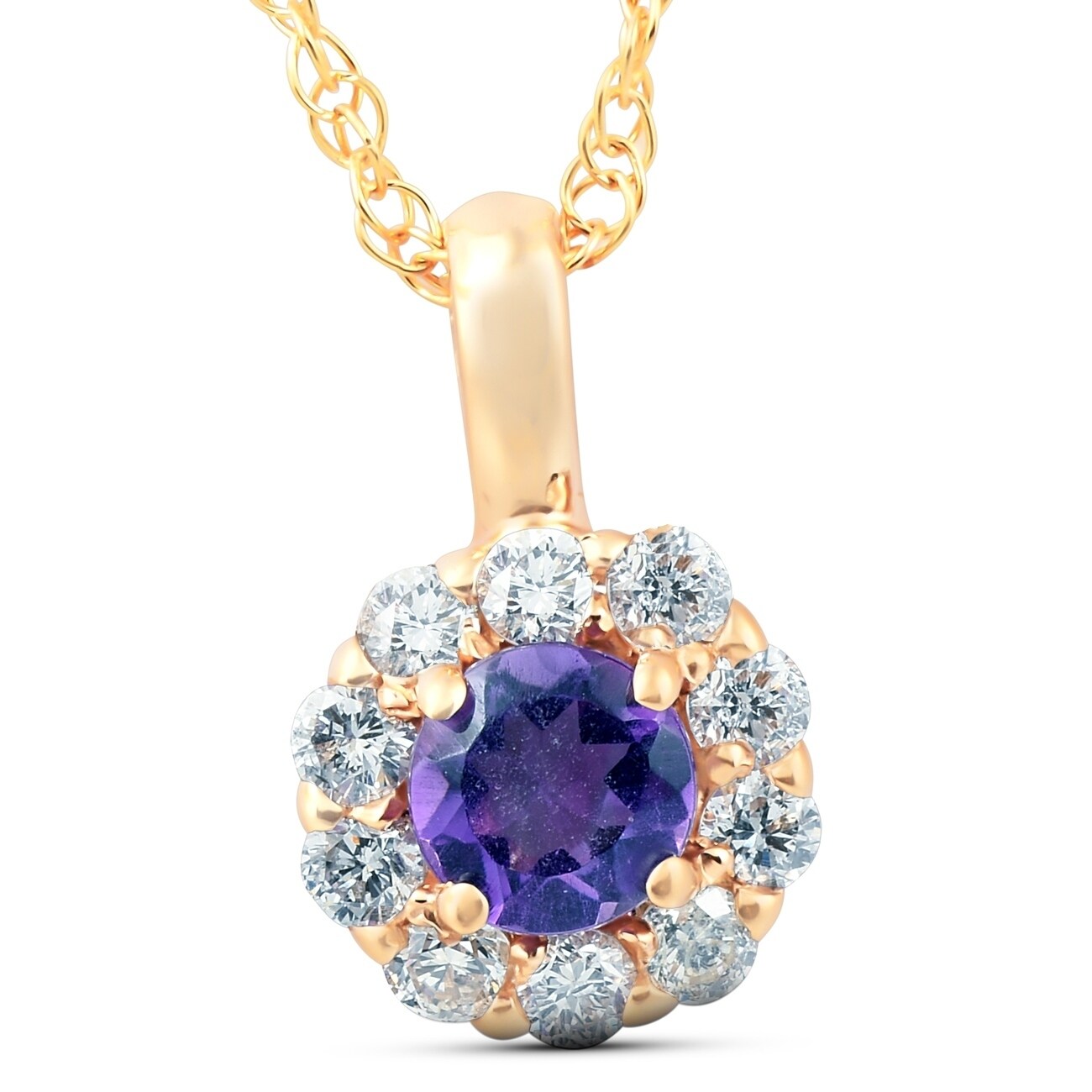 1 2 Ct Diamond Genuine Amethyst Halo Pendant 14K Yellow Gold Womens Necklace
