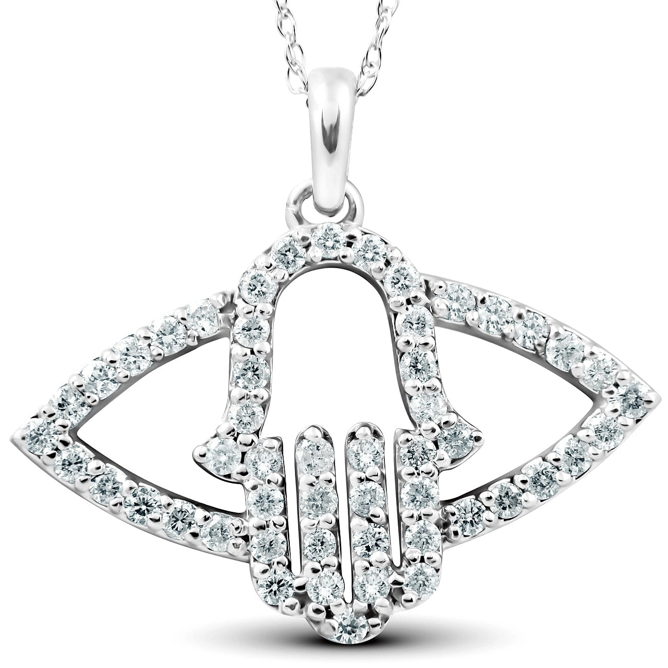 1 2 Ct Diamond Hamsa Evil Eye Hand Pendant 14K White Gold