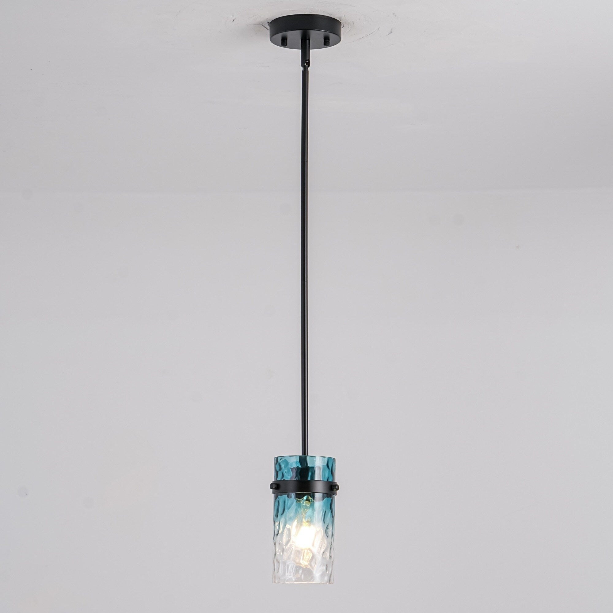 1 3 Light Coastal Matte Black Adjustable Pendant Light With Gradient Blue Hammered Cylinder Glass For Kitchen Island