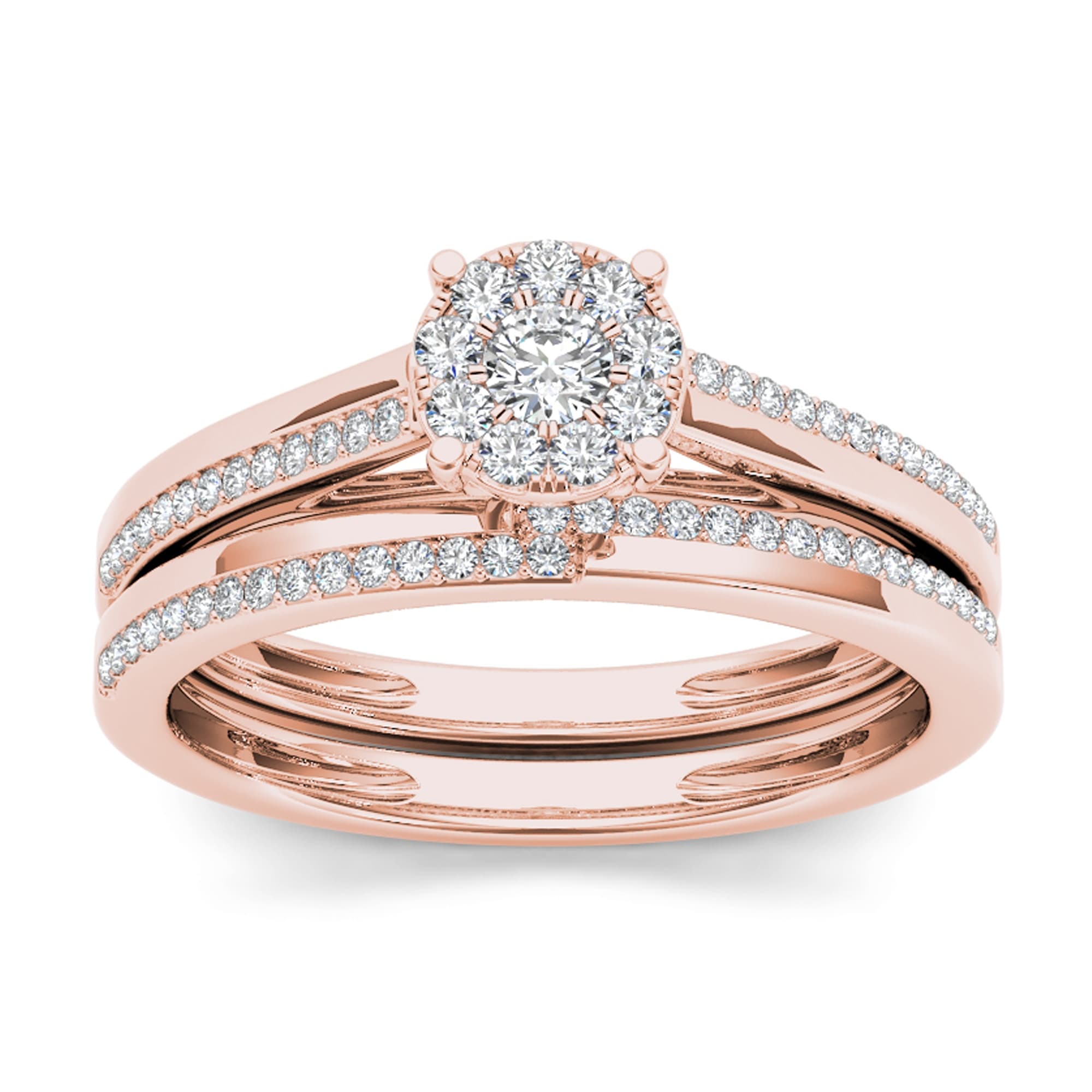 De Couer Igi Certified 10K Rose Gold 1 3Ct Tdw Diamond Cluster Engagement Ring Set With One Band Pink