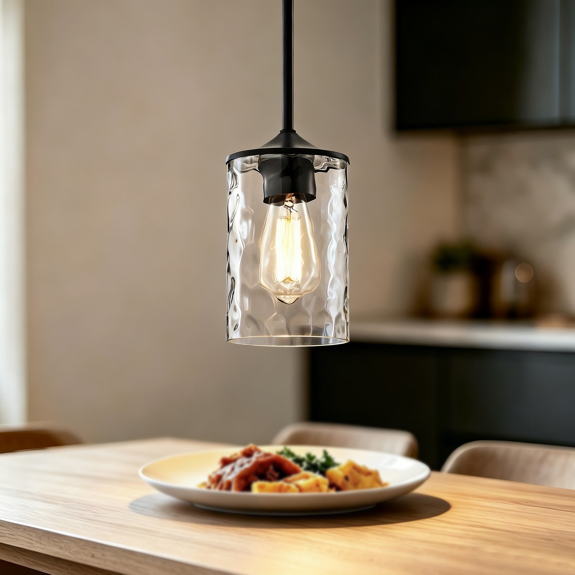 1 Light 5 In. Matte Black Mini Pendant With Hammered Clear Glass Shade Adjustable Height