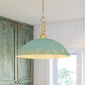 Antique Artisanal Teal Patina Shallow Dome Metal Kitchen Pendant