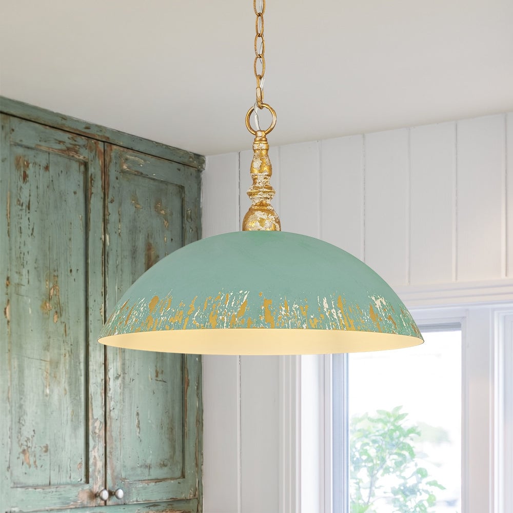 Antique Artisanal Teal Patina Shallow Dome Metal Kitchen Pendant