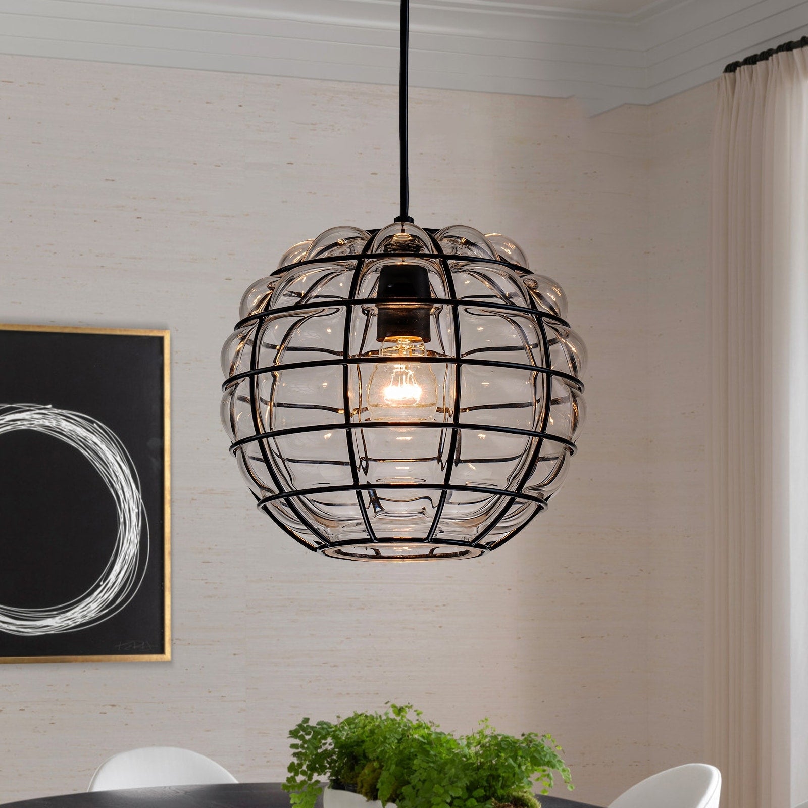 1 Light Black Industrial Wire Cage Pendant Light With Glass Shade 9.84