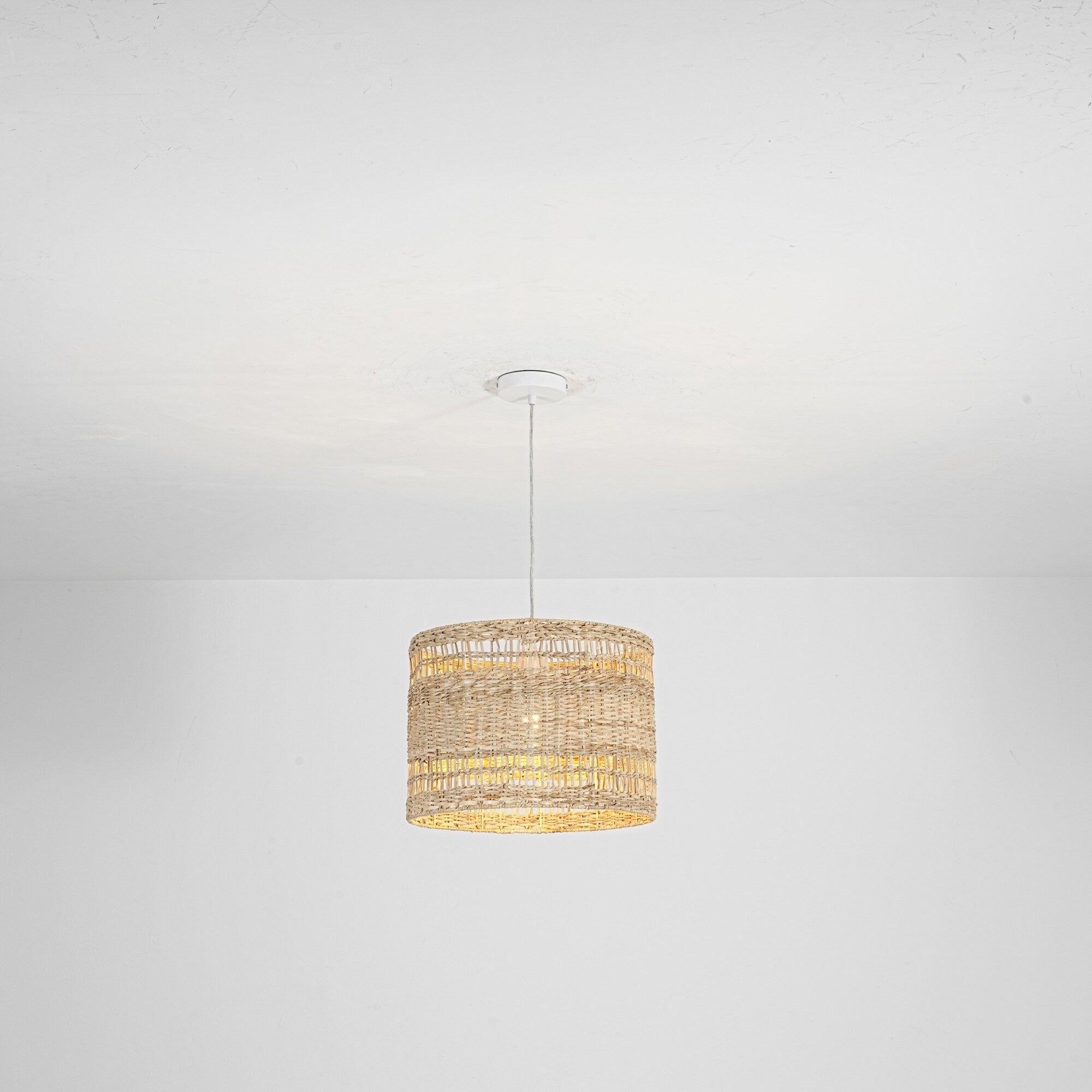 1 Light Boho Coastal Cylindrical Drum Woven Pendant Light With Matte White Finish And Herbaceous Rattan Shade