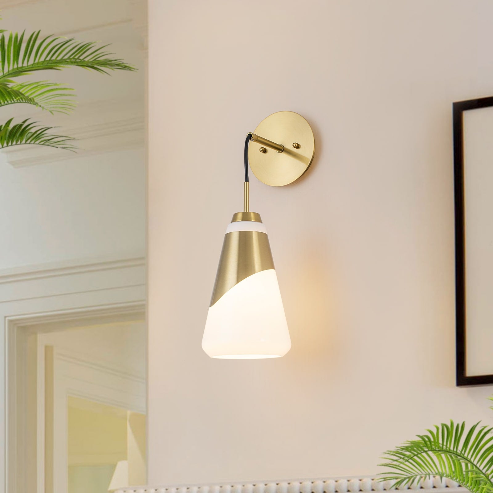1 Light Brushed Gold Swing Arm Wall Sconce Cone Opal Glass Modern