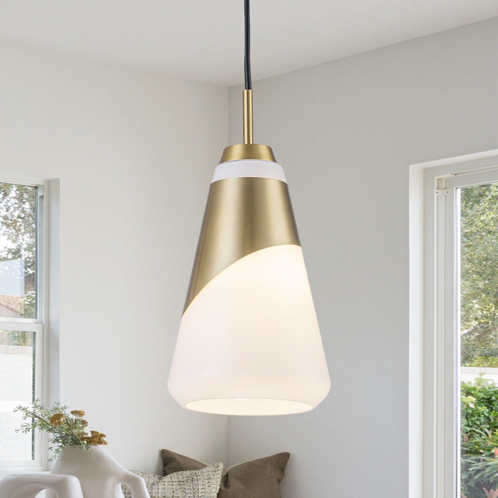 1 Light Brushed Gold White Cone Opal Glass Pendant Light Modern Dia.5.91 In