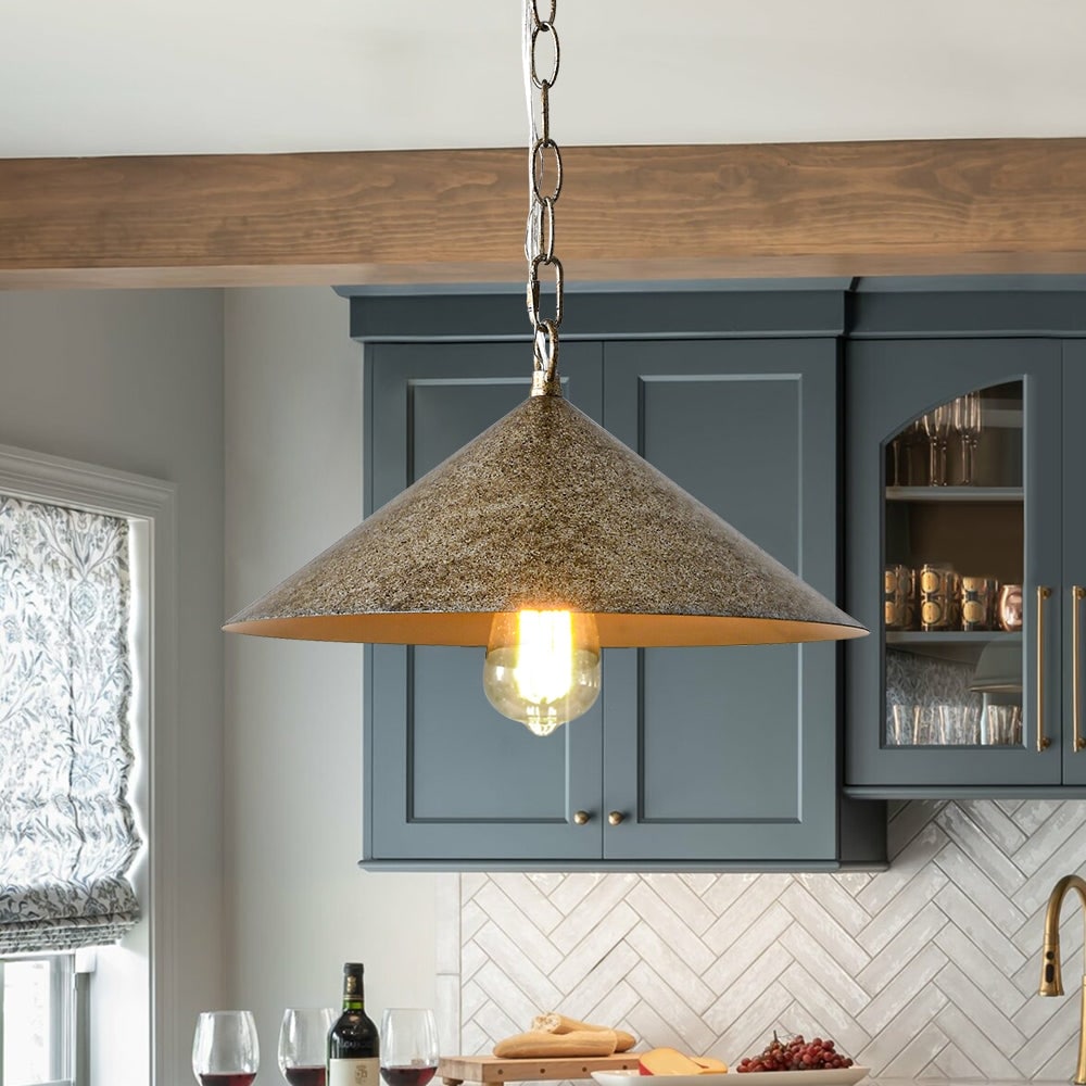 1 Light Distressed Metal Hanging Flared Pendant For Dining Kitchen 13.5 In