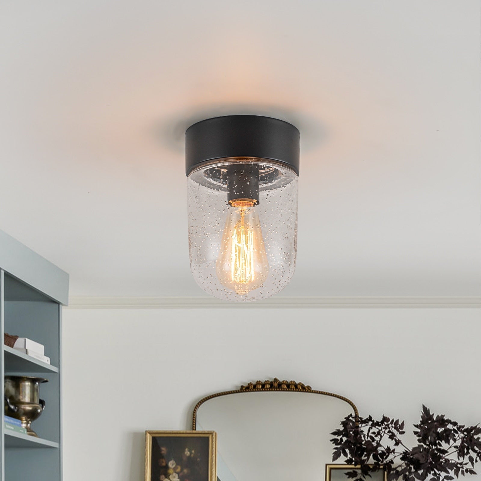 1 Light Farmhouse Glass Flush Mount Ceiling Light Black