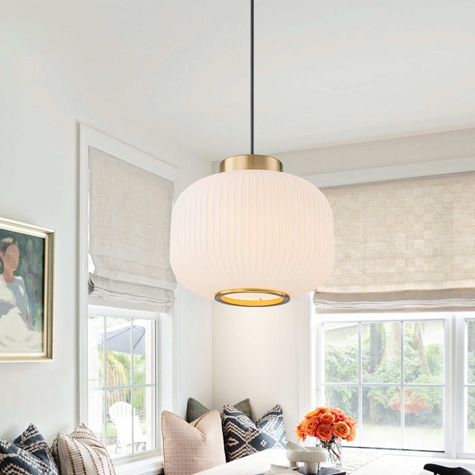 1 Light Gold Lantern Chandelier Drum Shape Hanging Kitchen Island Light