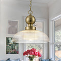 1 Light Gold Pendant Light Shallow Half Dome Textured Grid Glass Shade Dia.15.75 In
