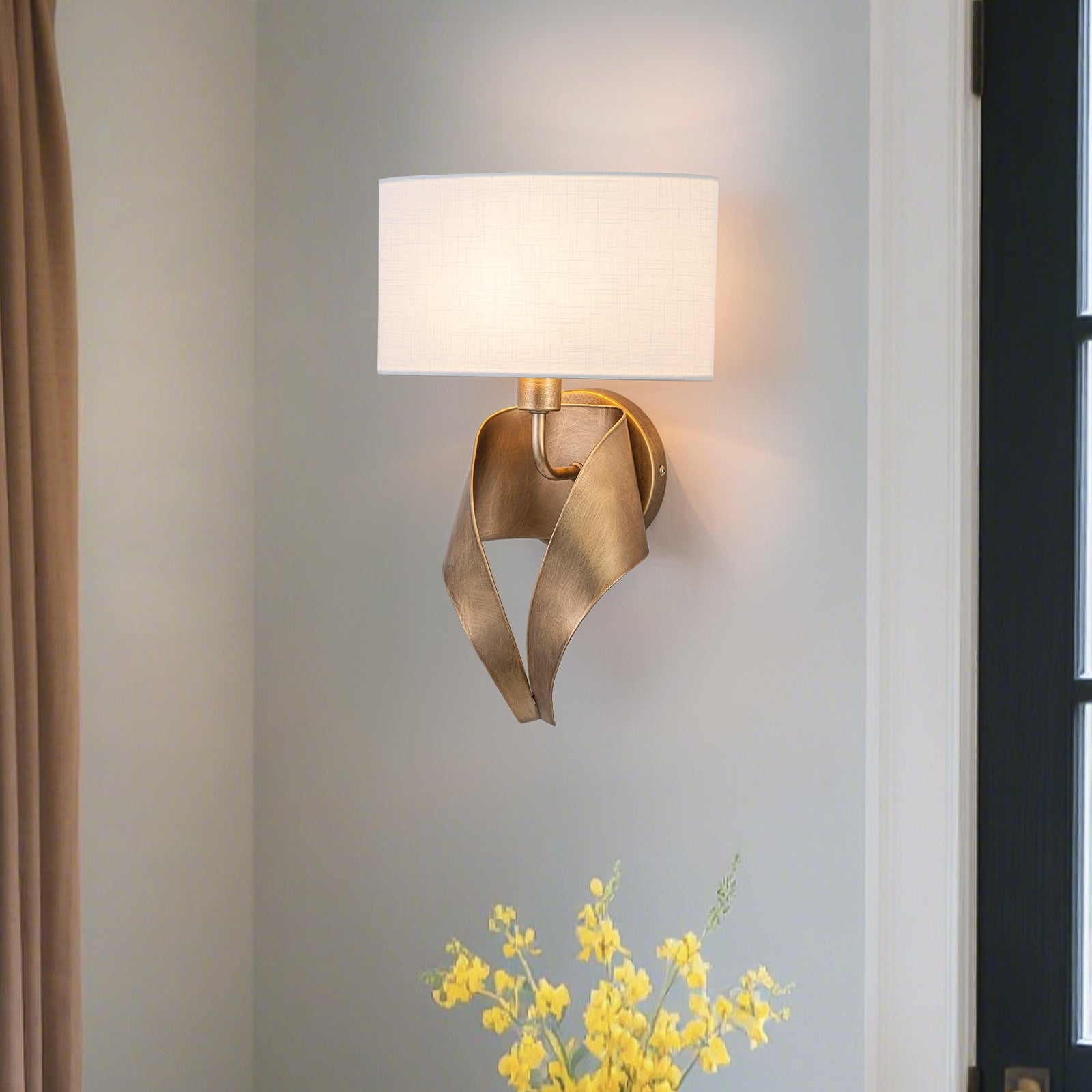 1 Light Half Round Open Fabric Shade Metal Frame Wall Sconce Modern