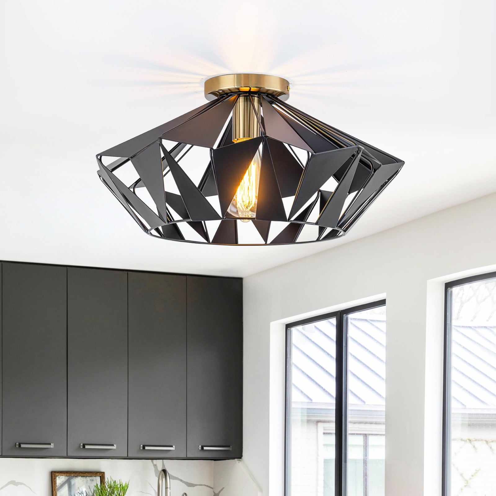 1 Light Industrial Geometric Black Metal Flush Mount Ceiling Light Dia.17.32 In