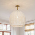 1 Light Ivory Rope Woven Round Cage Semi Flush Mount 19.7In