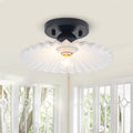 1 Light Matte Black Flush Mount Ceiling Light With White Striped Glass Shade Dia.9.84 In