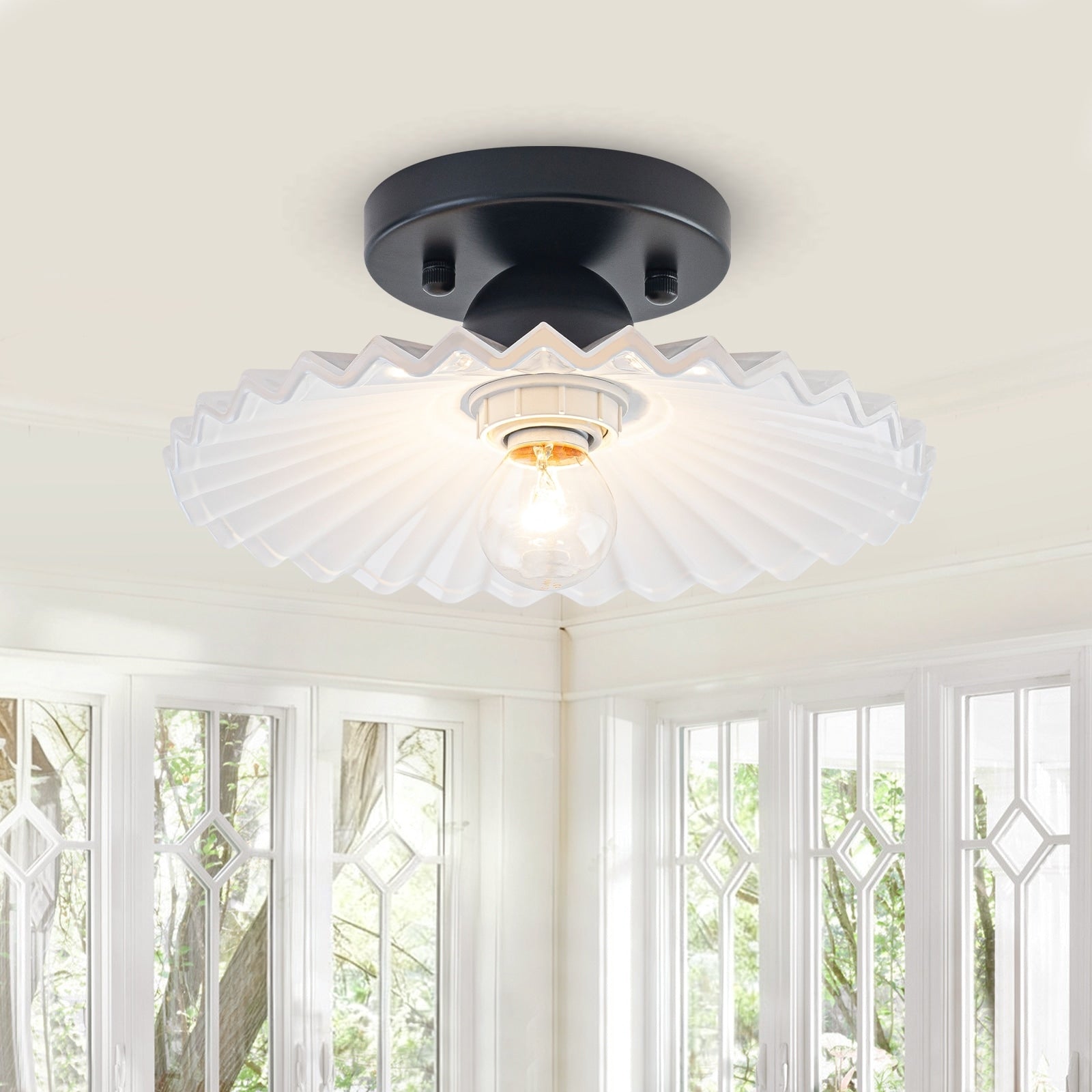 1 Light Matte Black Flush Mount Ceiling Light With White Striped Glass Shade Dia.9.84 In