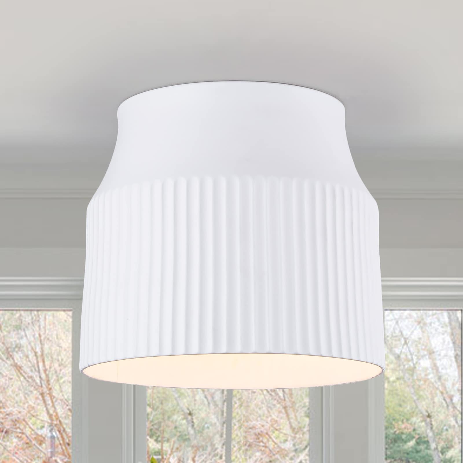 1 Light Matte White Flush Mount Ceiling Light With Ceramic Drum Shade Dia.9.45 In