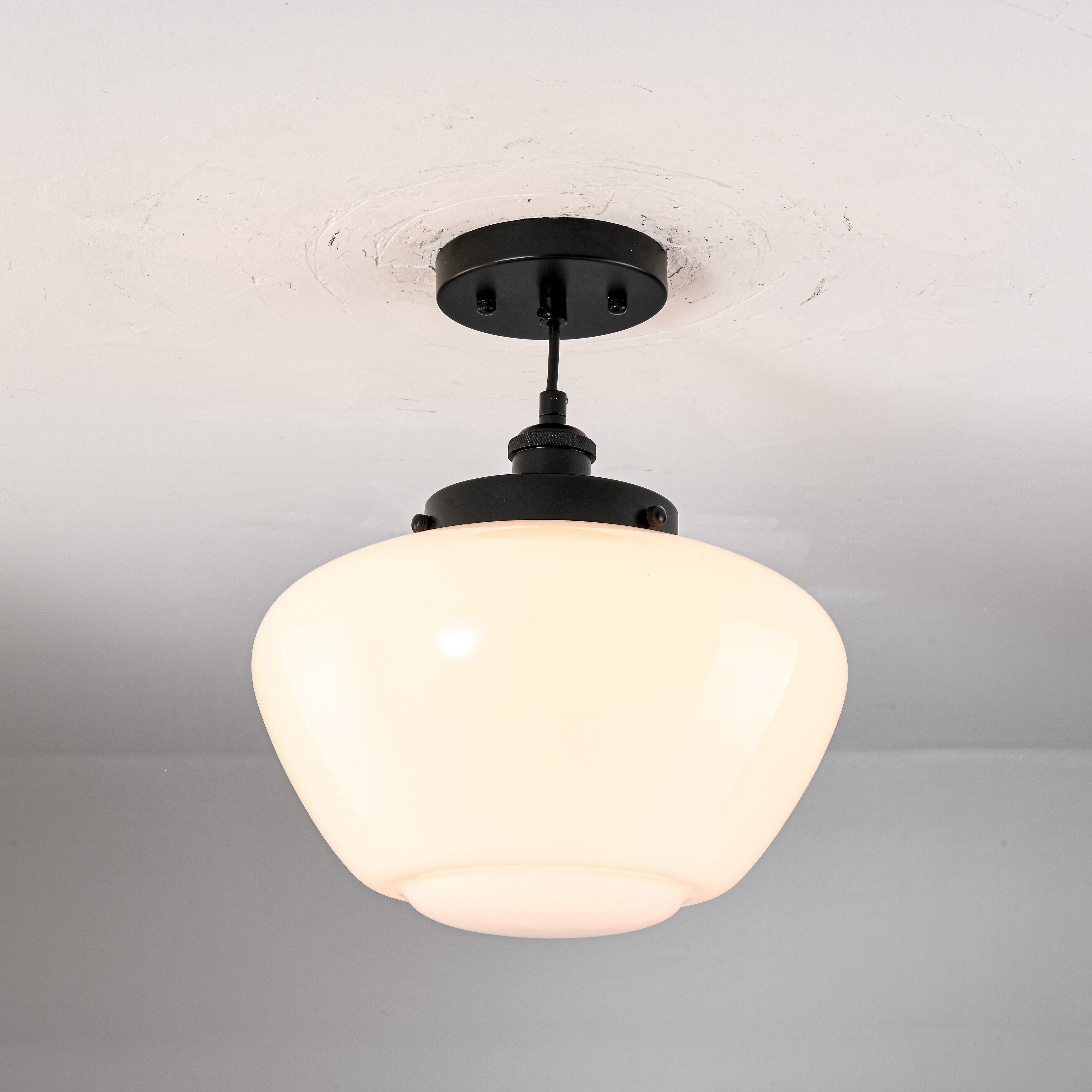 1 Light Mid Century Modern Brass Black Frosted Glass Globe Dome Pendant Light