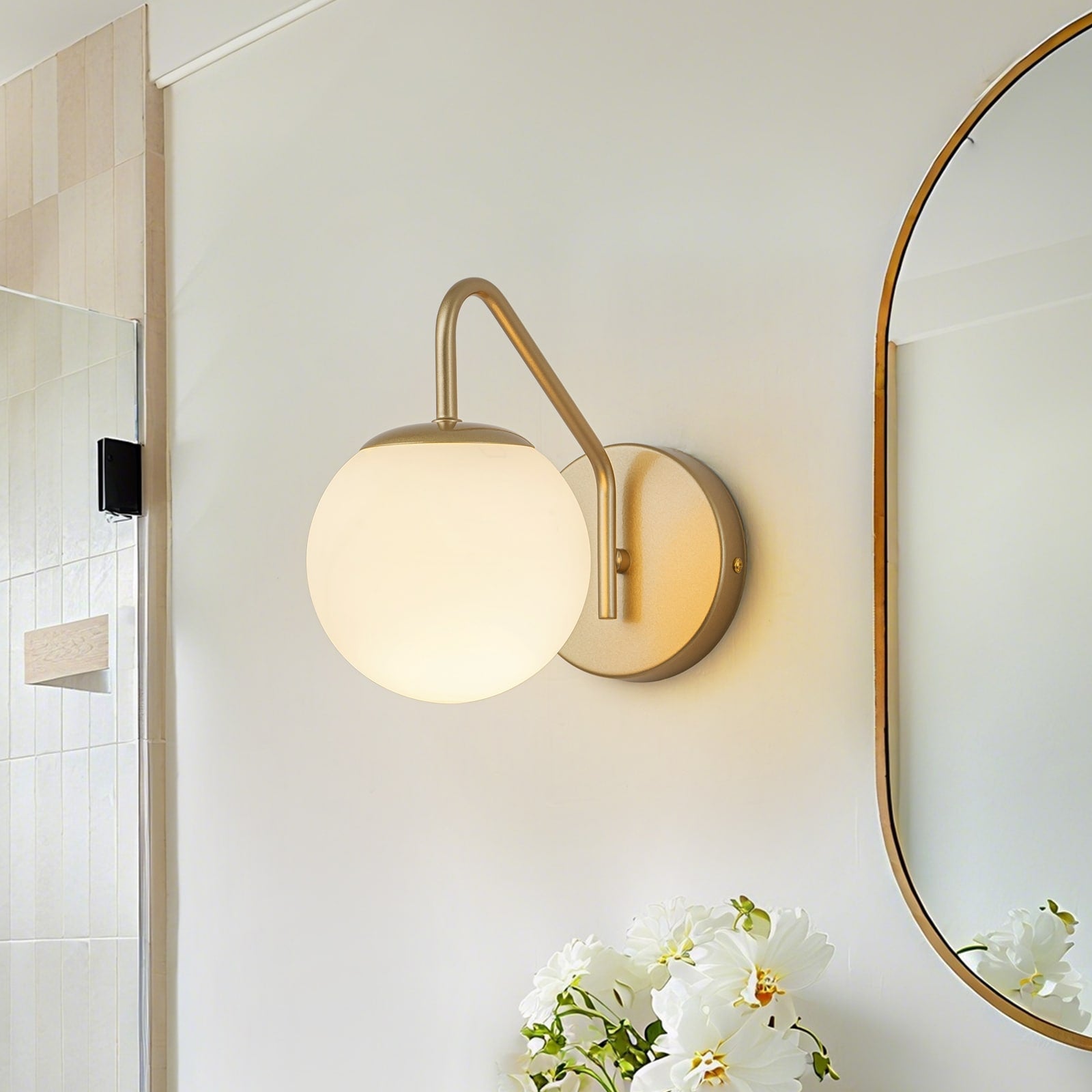 1 Light Mid Century Modern Gold Wall Sconce With Opal Glass Brass