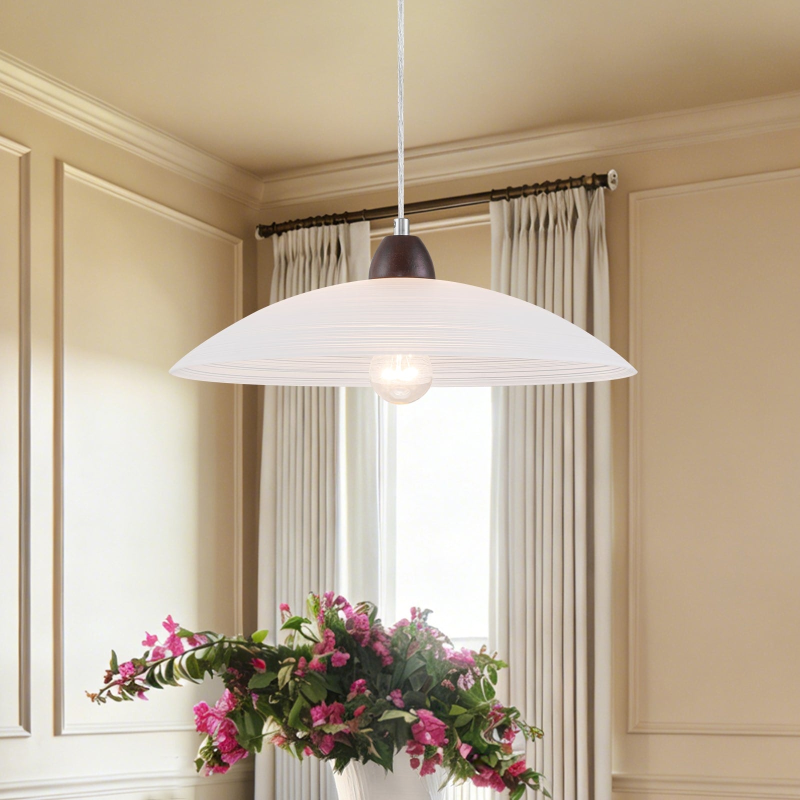 1 Light Modern Chrome Dome Pendant Light White Textured Glass Shade Dia.15.75 In