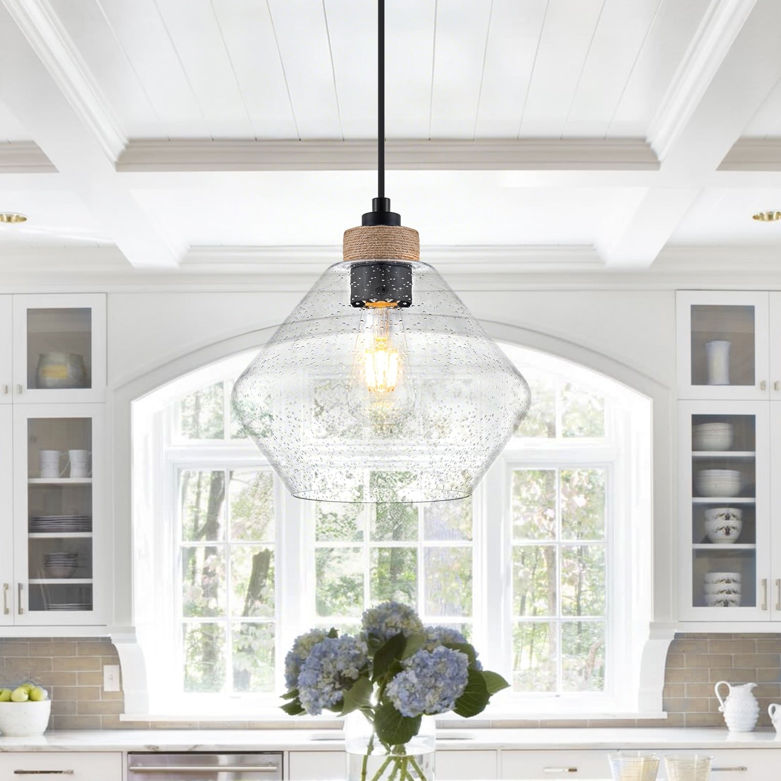 1 Light Modern Farmhouse Matte Black Pendant Light Seeded Glass Shade Dia.9.84 In