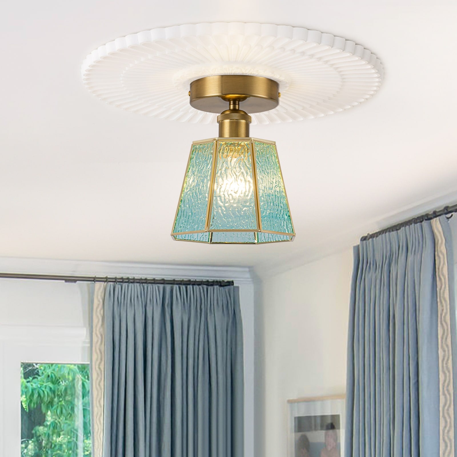 1 Light Modern Semi Flush Mount Ceiling Lamp With Blue Rippled Glass Lampshade E26 Base 6.7