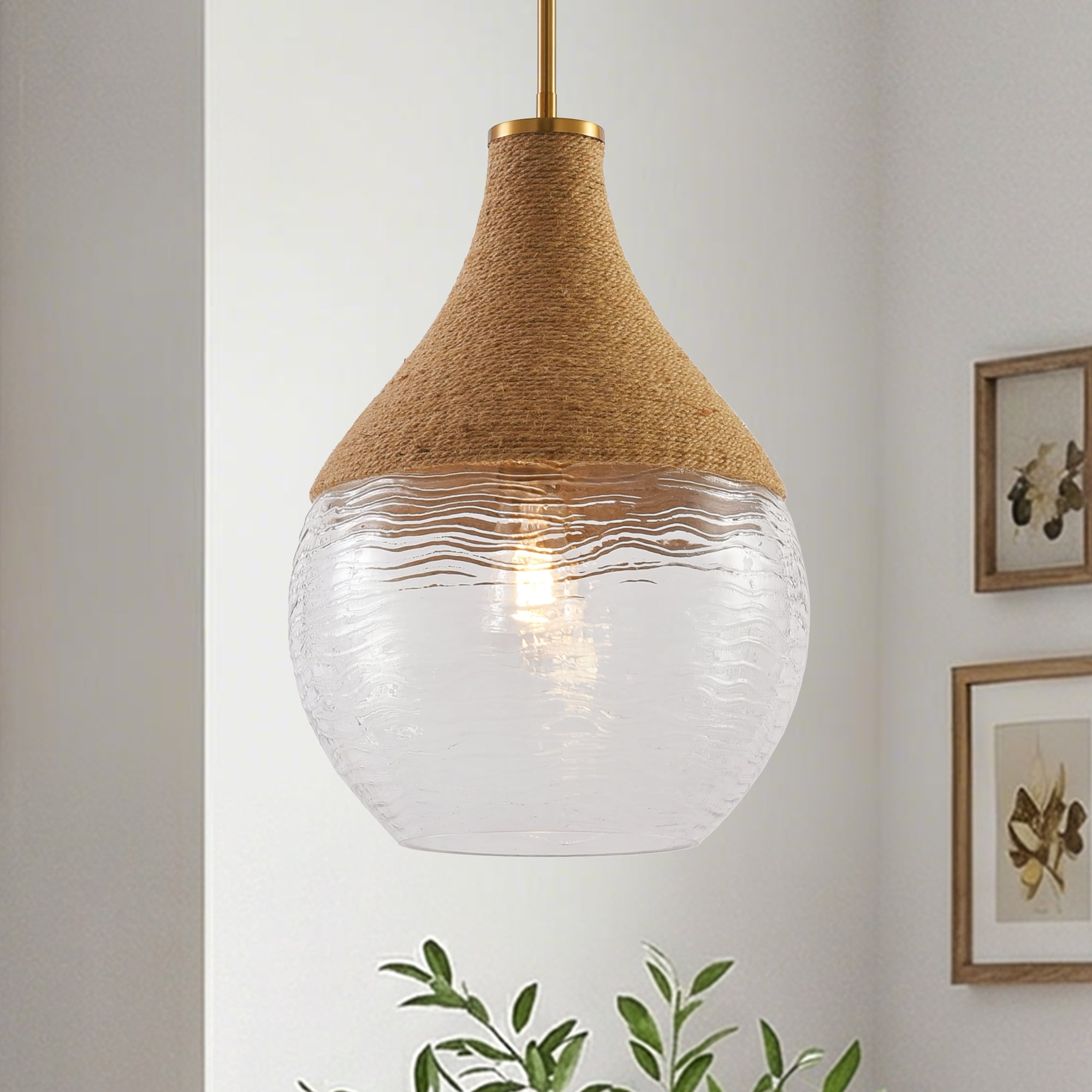 1 Light Natural Modern Brass Hand Woven Hemp Rope Hanging Lamp Pendant Light 13 W X 24 H
