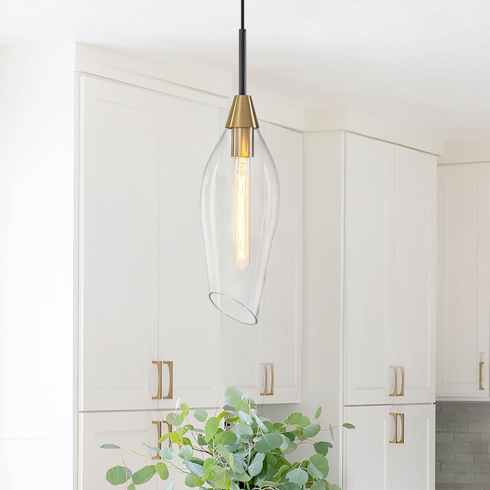 1 Light Pendant Light With Angled Rim Clear Olive Glass Shade Dia.6.3 In