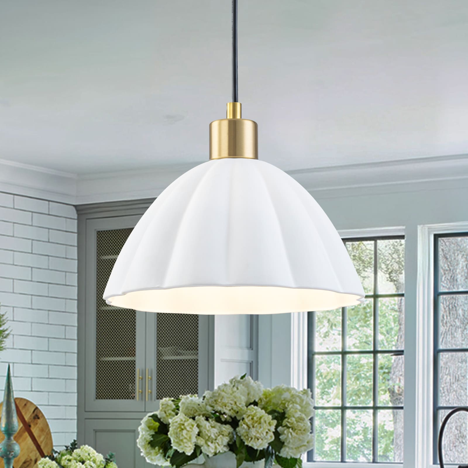 1 Light Pendant Light With Fluted White Ceramic Dome Brass Accents Dia.9.65 In