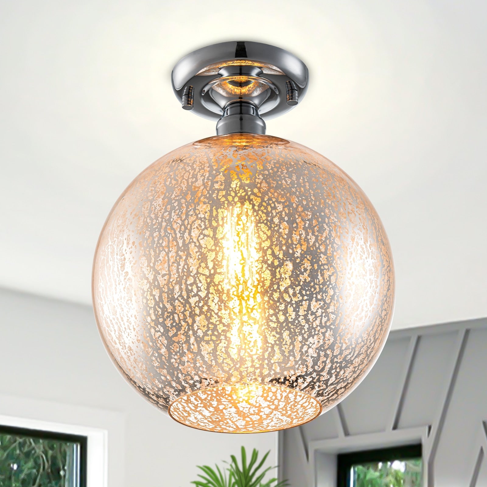 1 Light Semi Flush Mount Ceiling Light With Cognac Crackle Glass Globe Dia.10 In