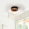 1 Light Wood Flush Mount Ceiling Light With Clear Textured Glass Shade Dia.11.81 In