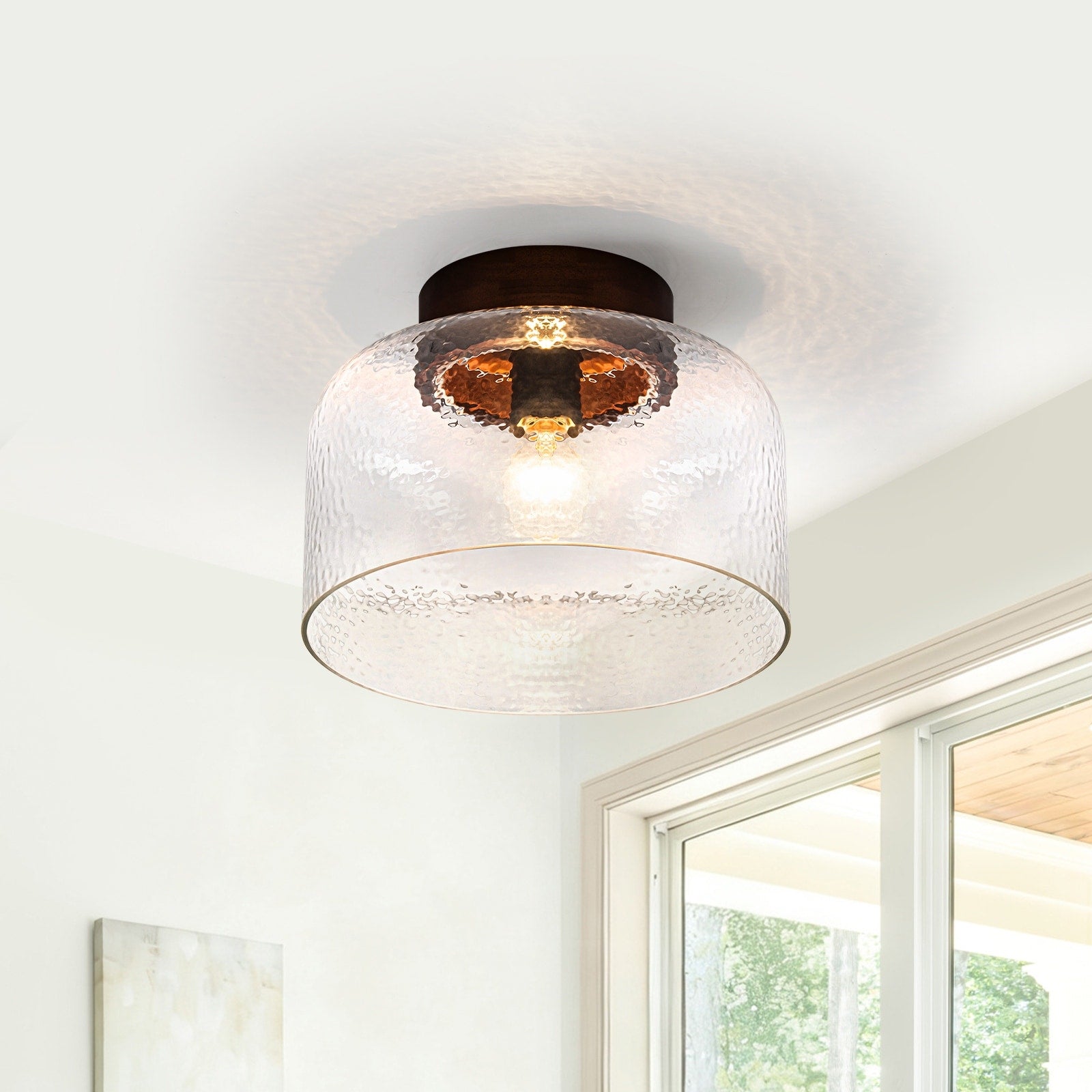 1 Light Wood Flush Mount Ceiling Light With Clear Textured Glass Shade Dia.11.81 In