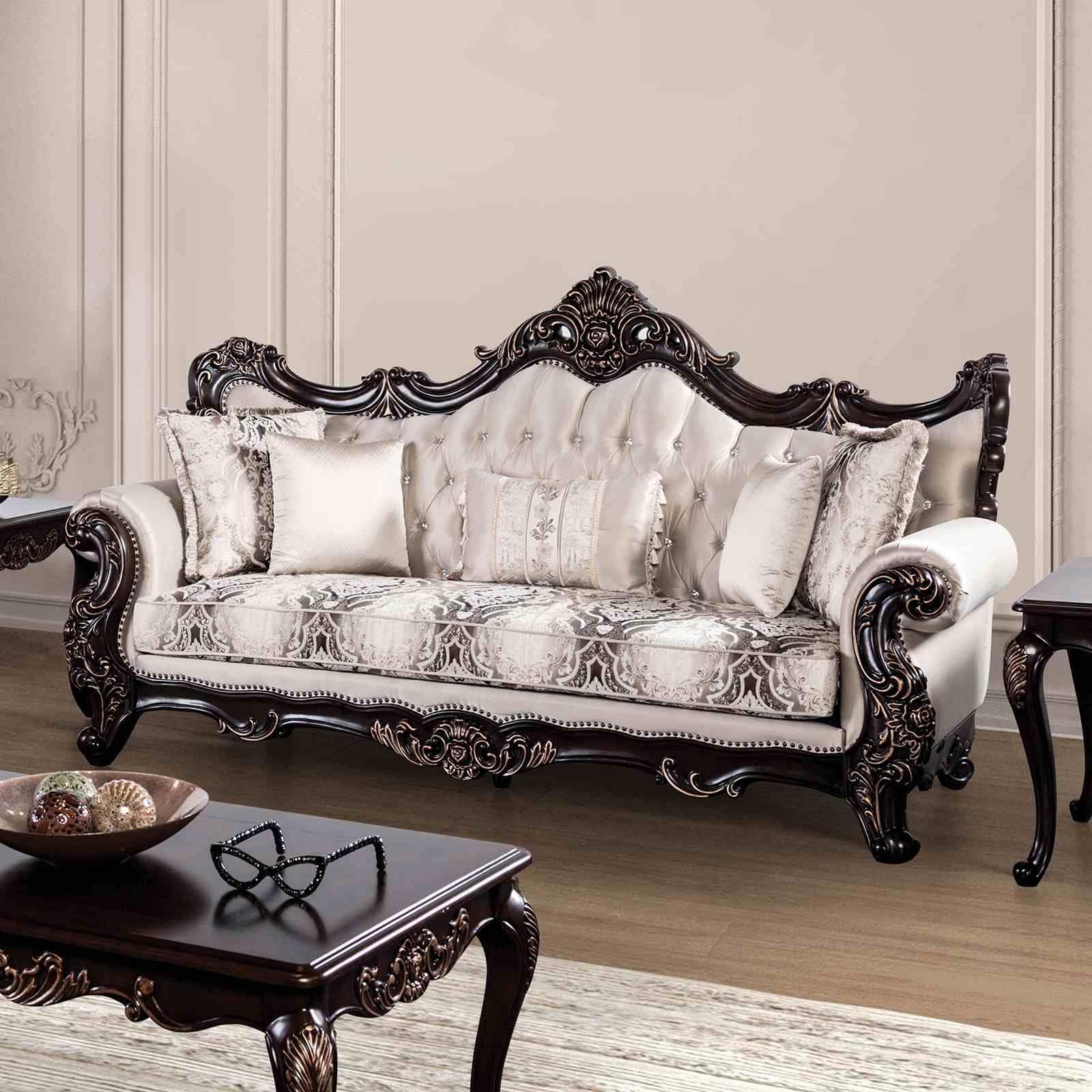 1 Piece Carved Detail Sofa Luxurious Button Tufted Beige Finish