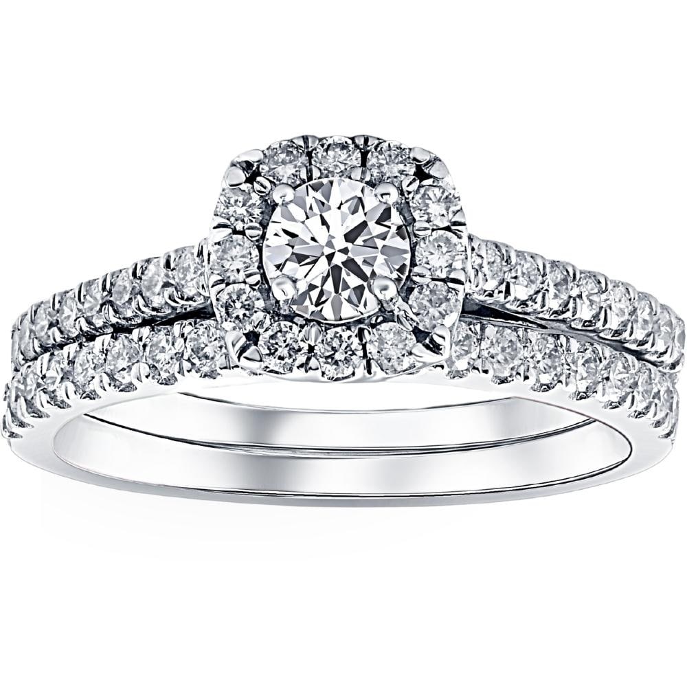 1 Ct Diamond Cushion Halo Engagement Wedding Ring Set 14K White Gold