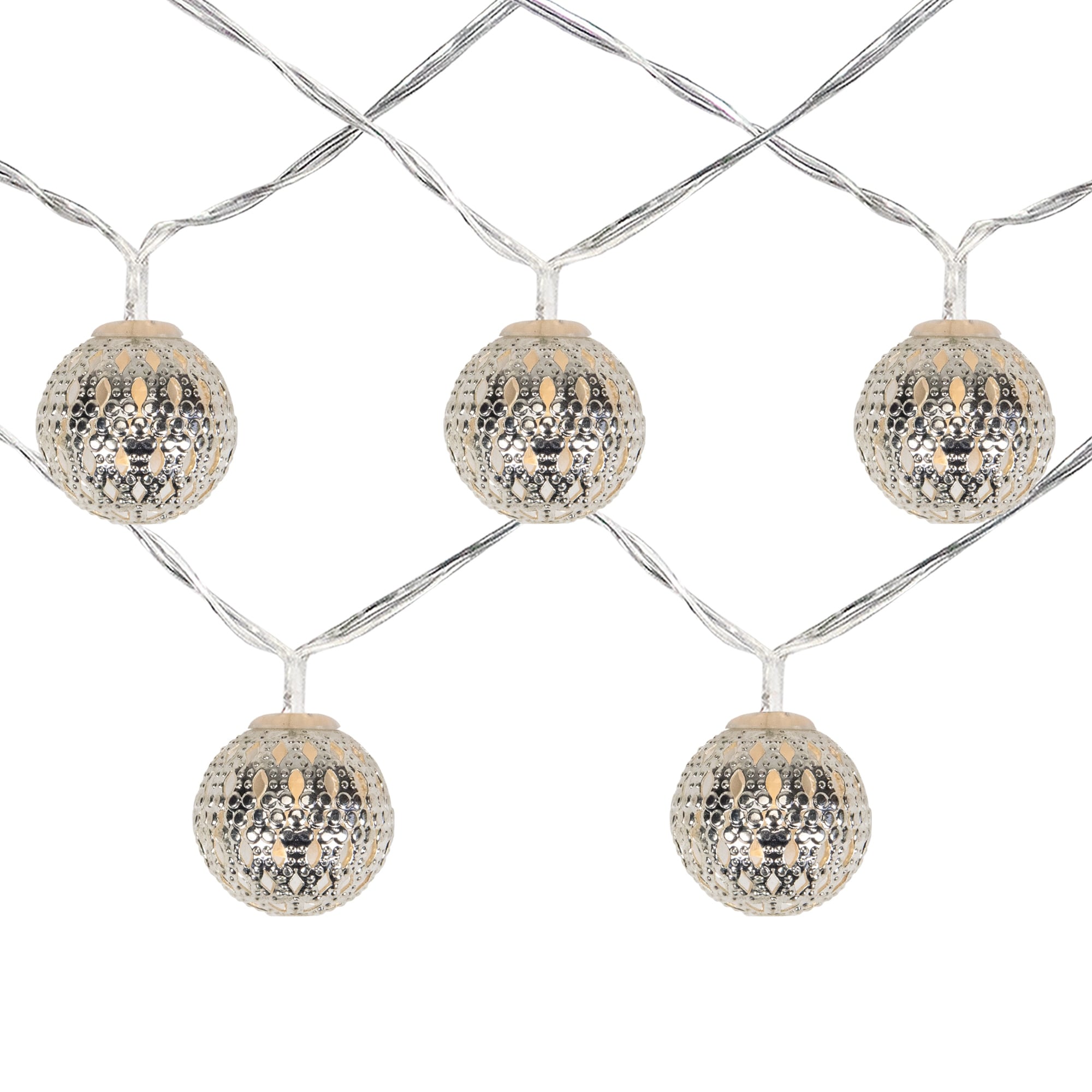 10 B O Led Warm White Silver Metal Ball Christmas Lights 6.25 Clear Wire.