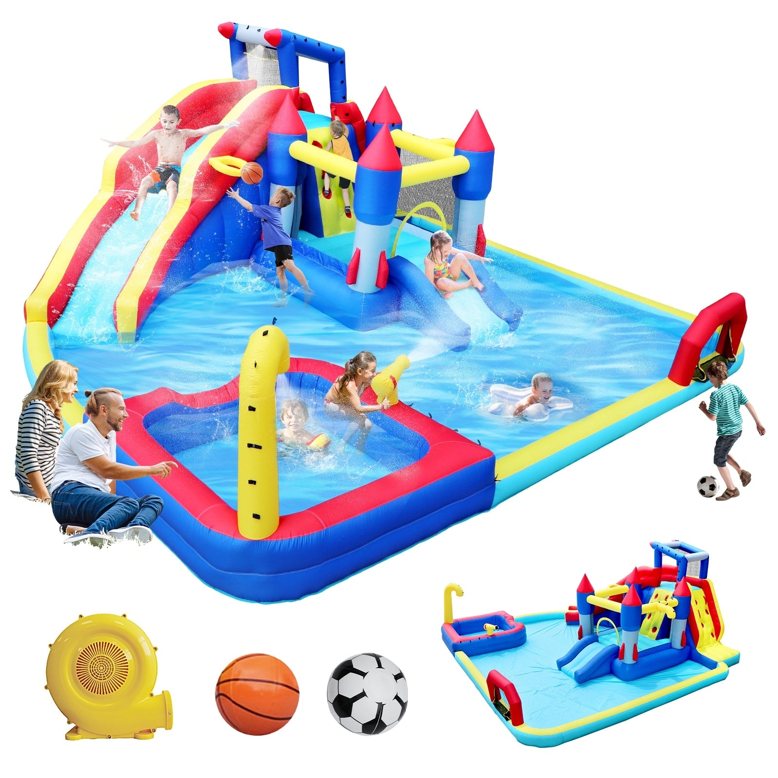 10 In 1 Inflatable Slide Water Park Bouncing House Garden With Splash Pool Water Gun Basketball Climbing Wall