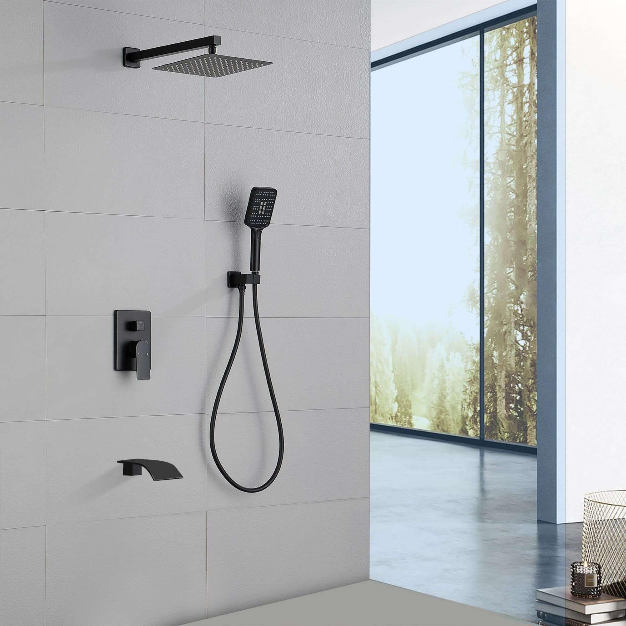 10 Inch Wall Mount Tub Shower System With Hand Shower Single Handle Waterfall Shower Faucet Set With Pressure Balance Valve