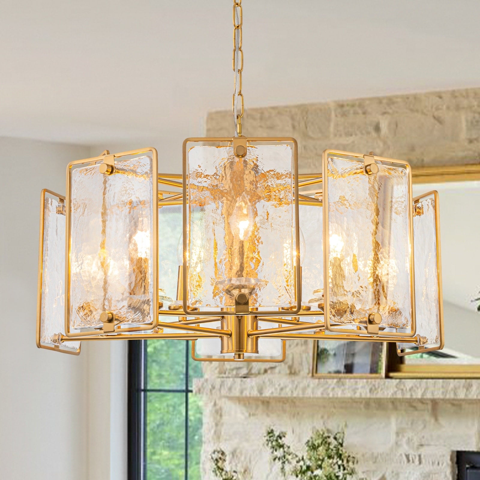 10 Light Gold Geometric Chandelier Handmade Ice Textured Glass Panels Dia.24.8 In