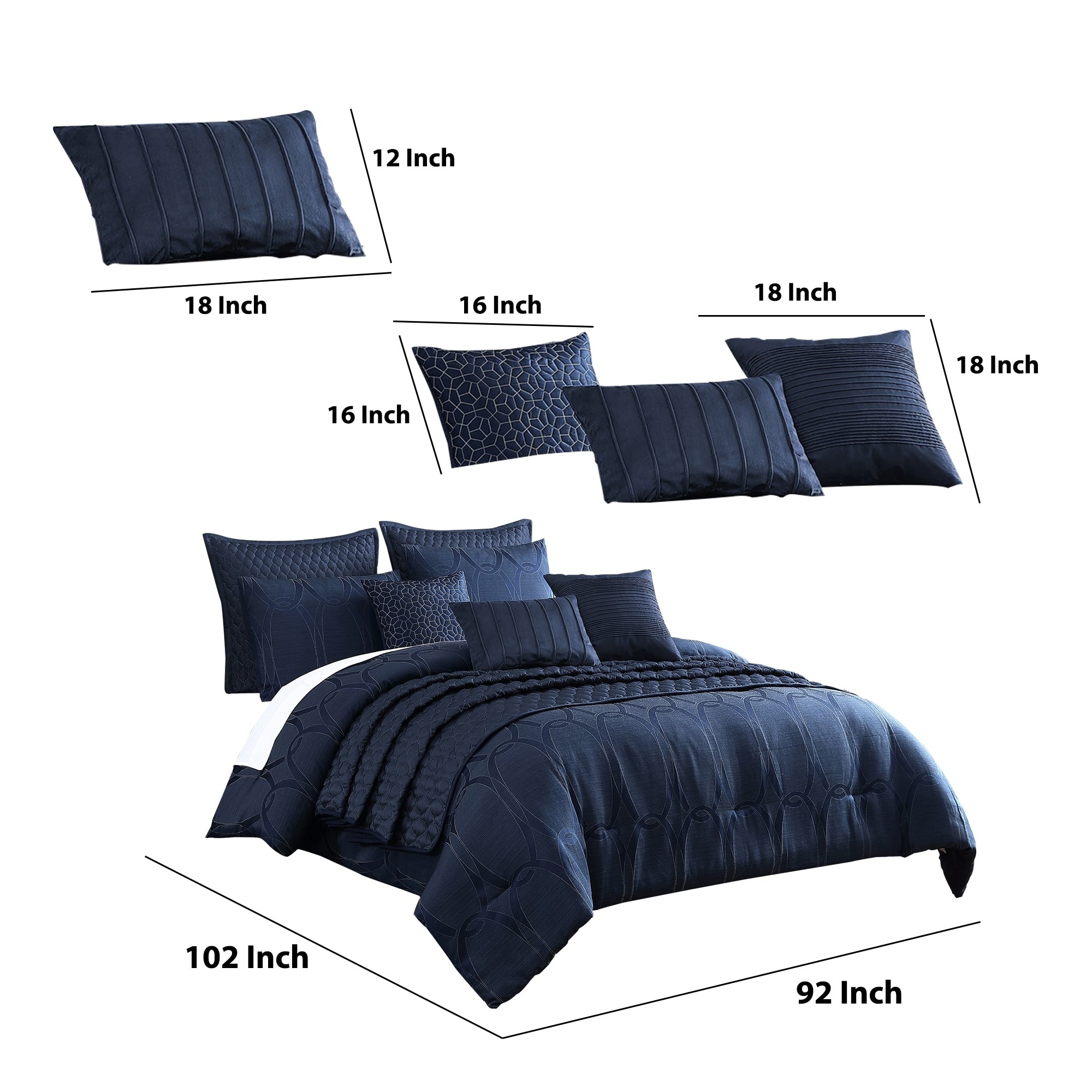 10 Piece King Polyester Comforter Set With Geometric Oblong Print Dark Blue