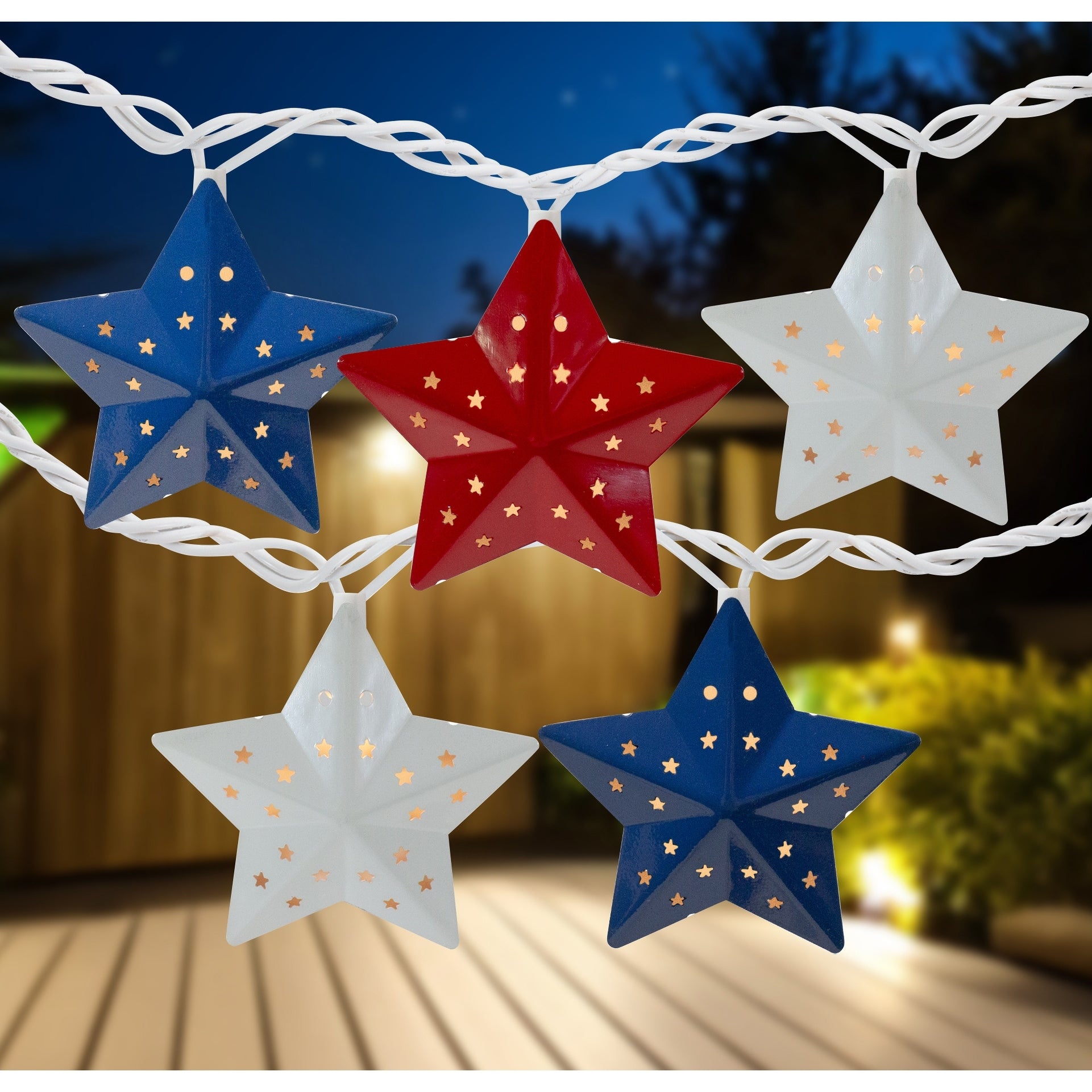 10 Red White And Blue Metal 4Th Of July Star String Lights 7.25Ft White Wire