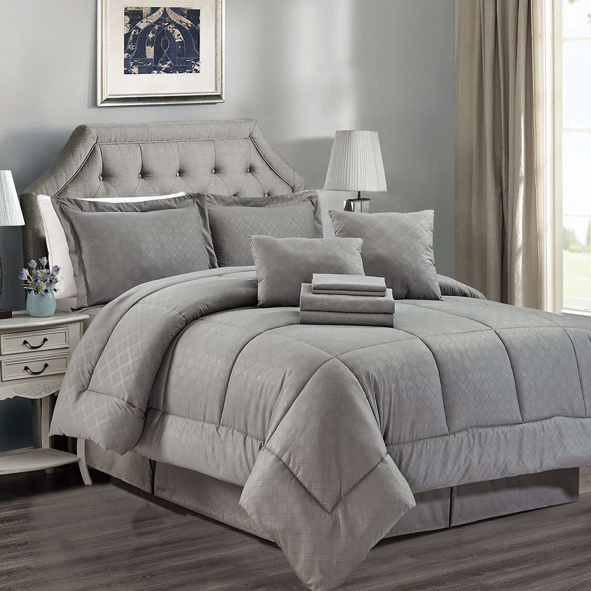 10 Piece Solid Plaid Comforter Set