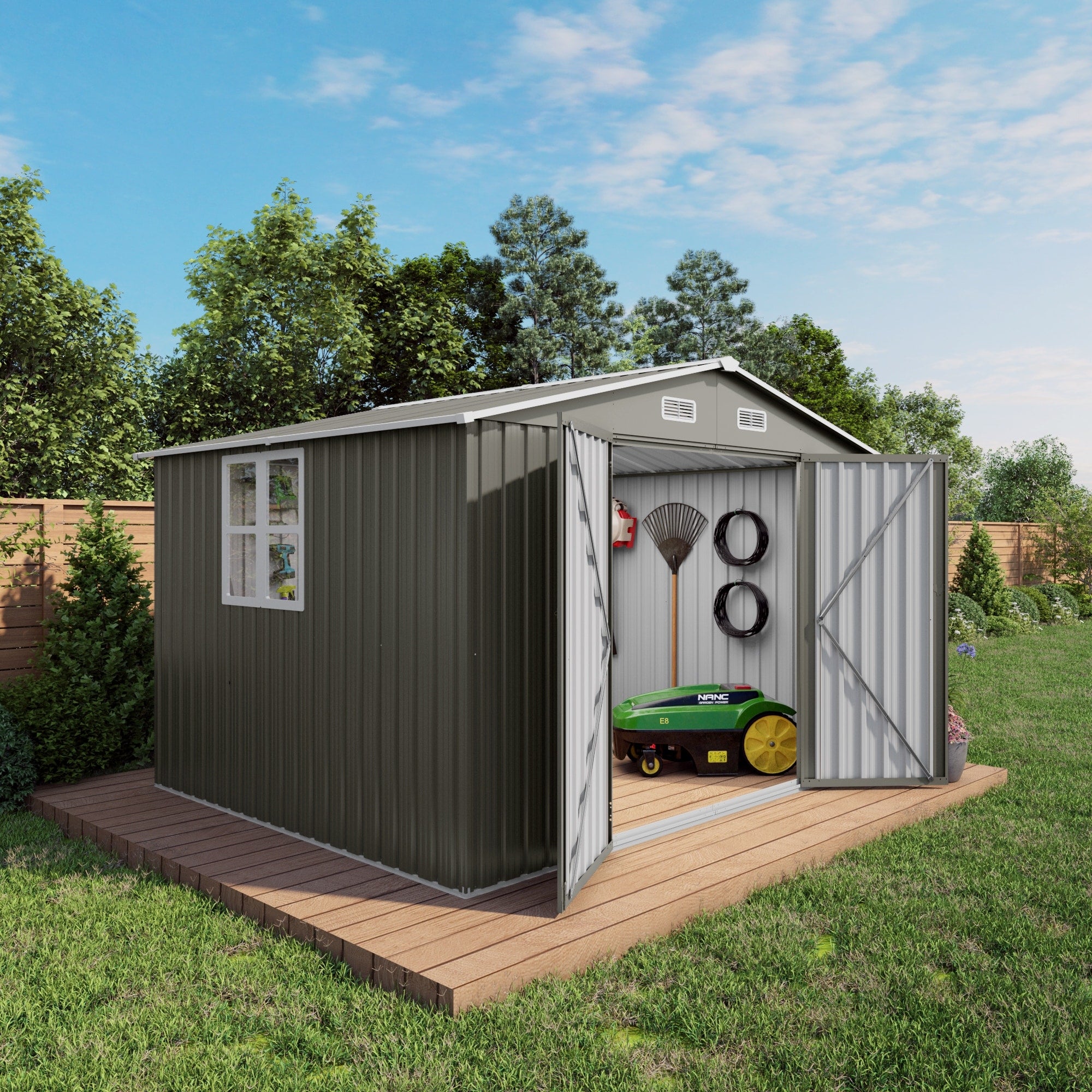 10 X 8 Ft Large Gray Metal Outdoor Storage Shed With Lockable Door Air Vent And Clear Window For Garden Tools And Bicycles