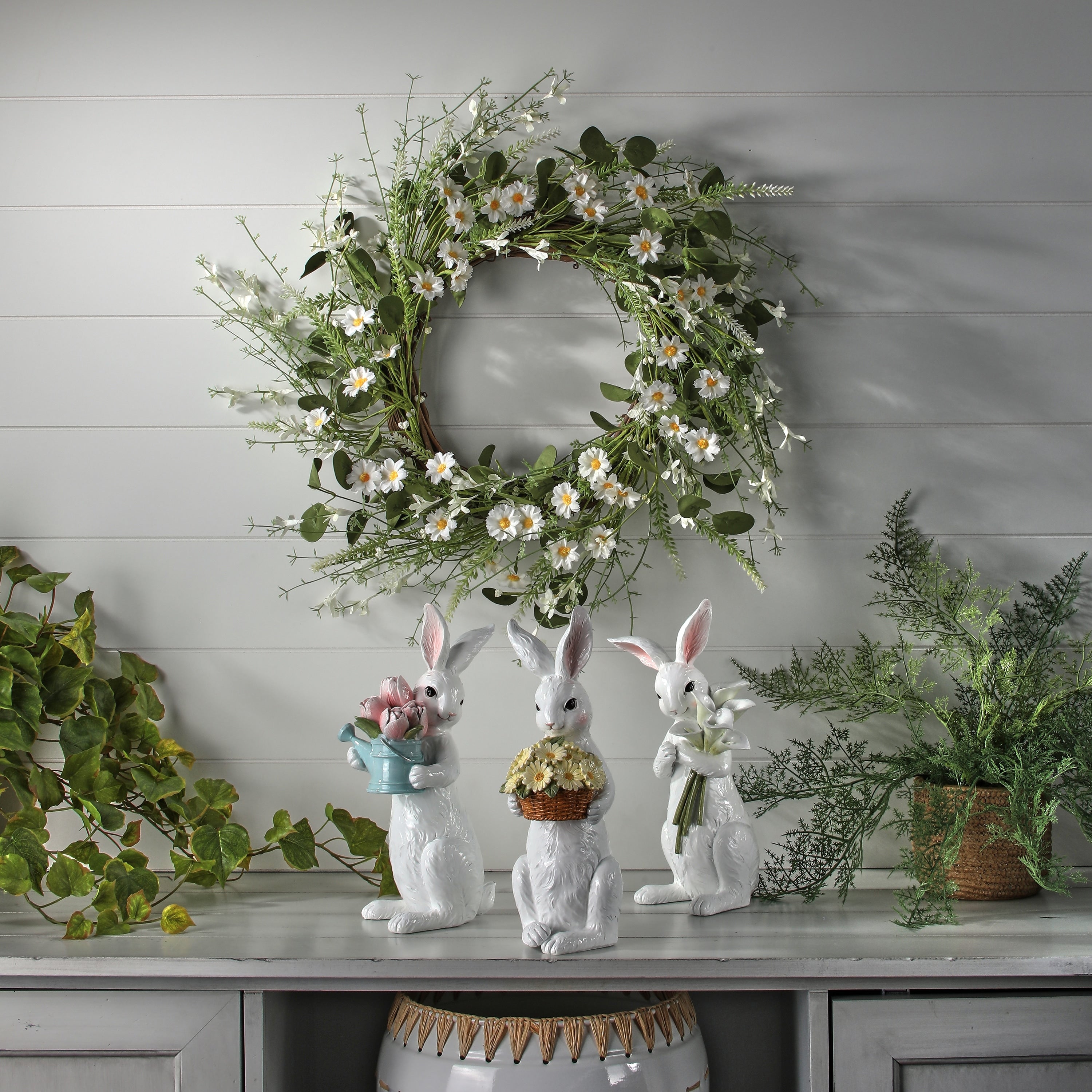 10.5 11.5 Resin Bunny With Floral Bouquet