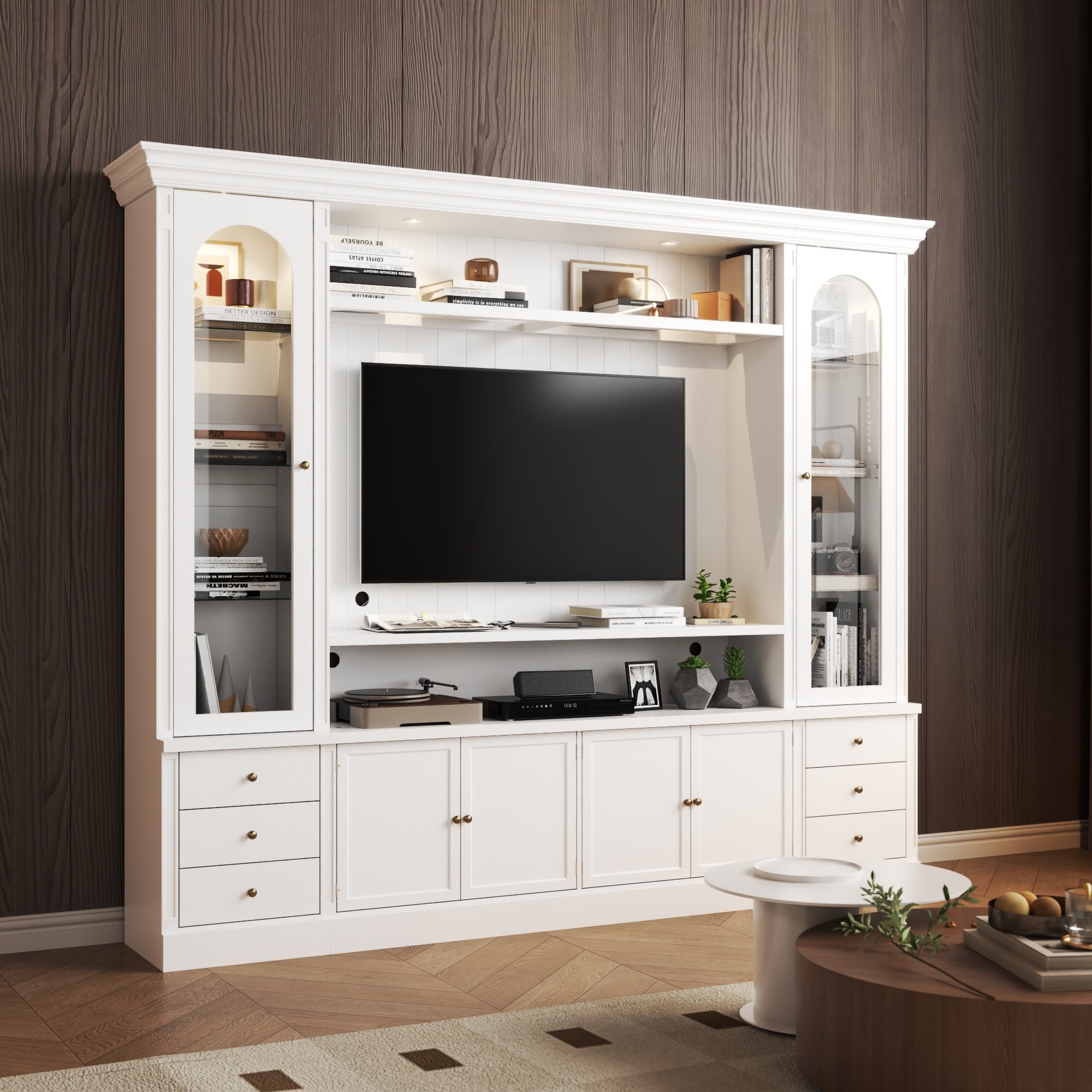 101.7 Large Entertainment Center With Led Spotlights Tv Stand With Hutch Glass Display Cabinets Media Console Storage Unit