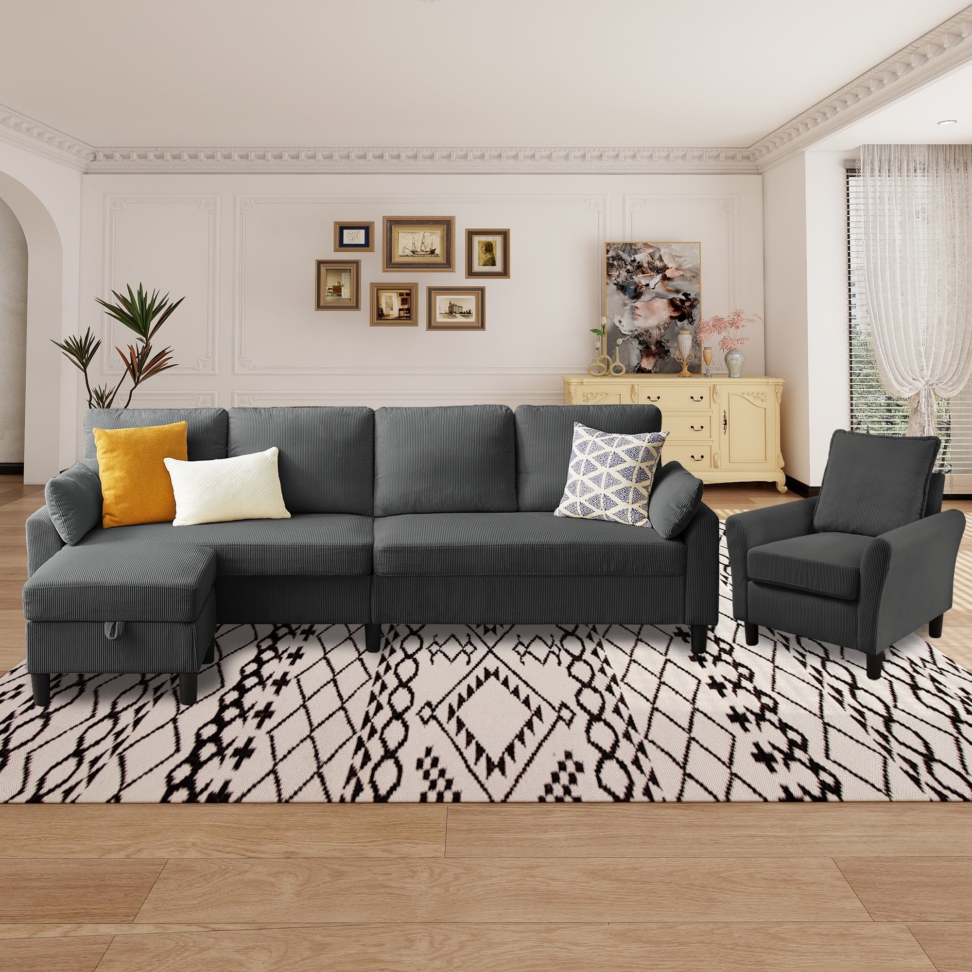 101 Corduroy 3 Piece Living Room Set Including 4 Seater Sofa Storage Ottoman And Chair