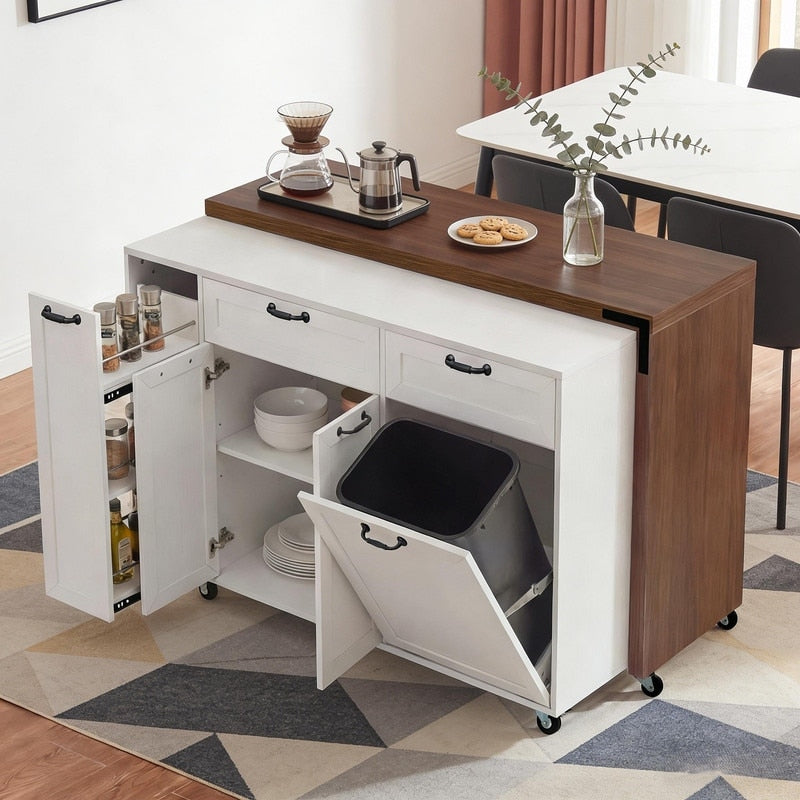 102.3 Kitchen Island With Extendable Dining Table Rolling Cart With Trash Storage 3 Tier Pull Out Spice Rack Wheels