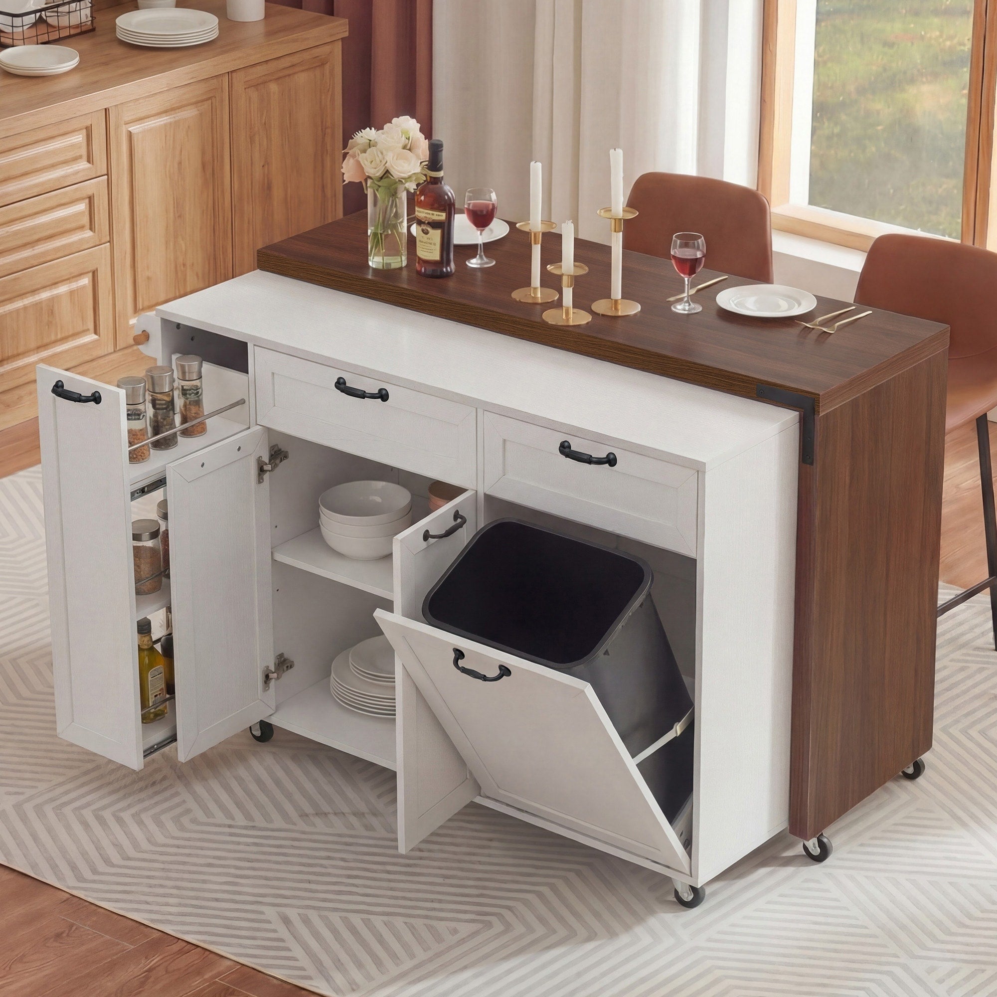 102.3 Kitchen Island With Extendable Dining Table Rolling Island Cart With Storage Cabinet And 3 Tier Pull Out Spice Rack