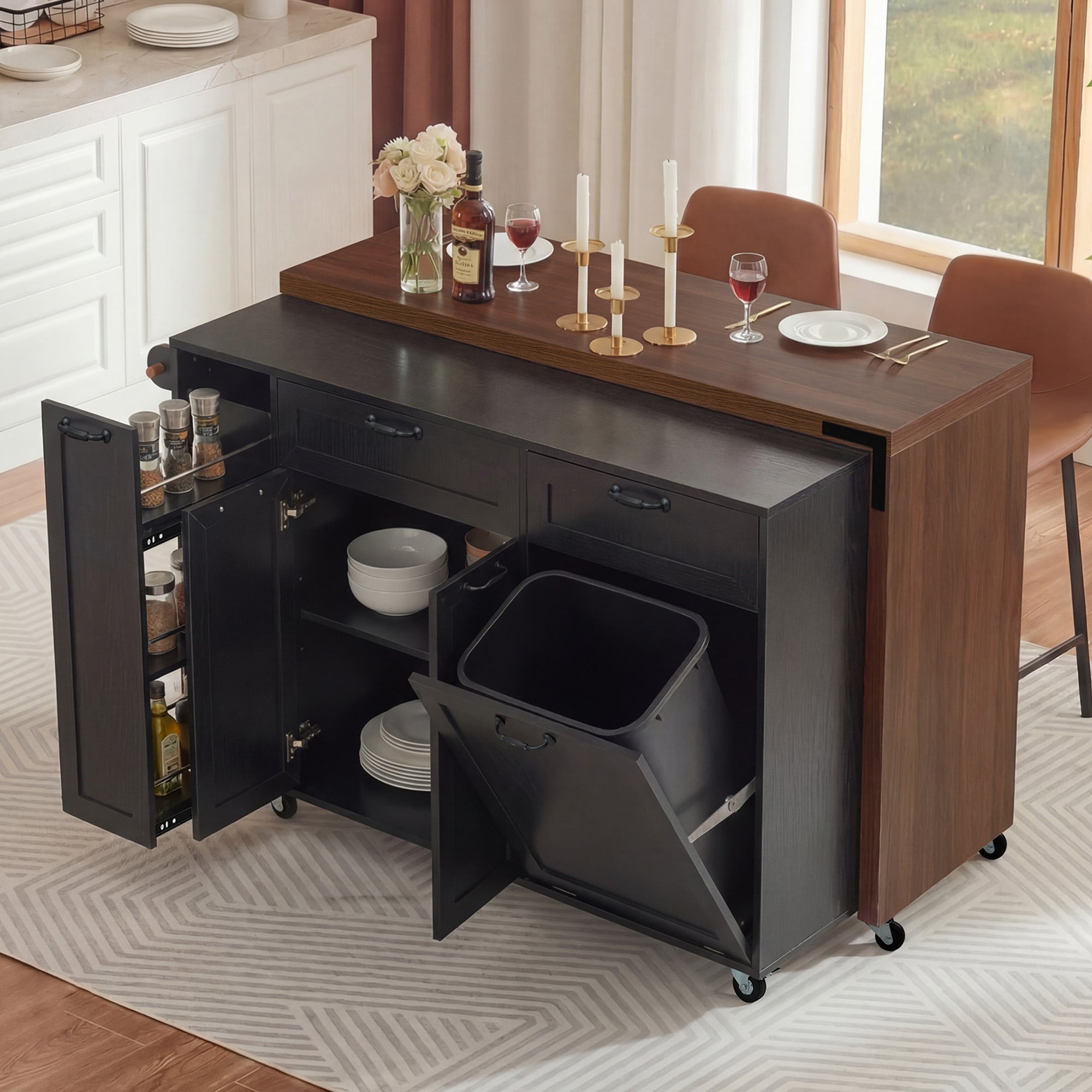 102.3 Kitchen Island With Extendable Dining Table Trash Storage Cabinet 3 Tier Pull Out Spice Rack