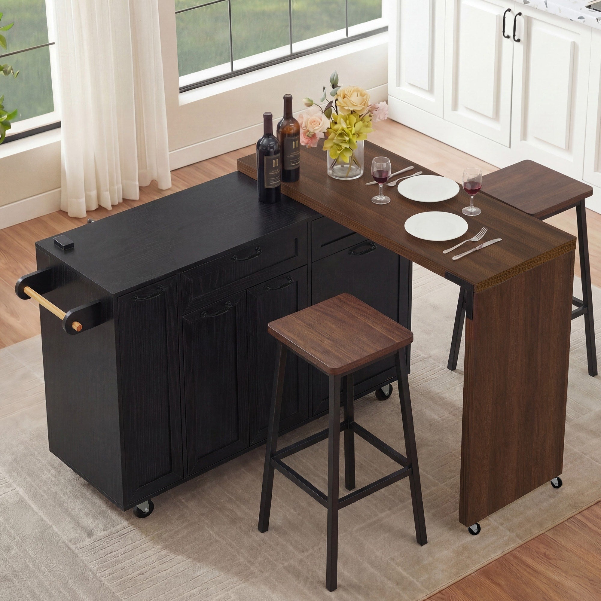 102.3 Rolling Kitchen Island With Extendable Dining Table Kitchen Cart With Trash Storage Cabinet 3 Tier Pull Out Spice Rack