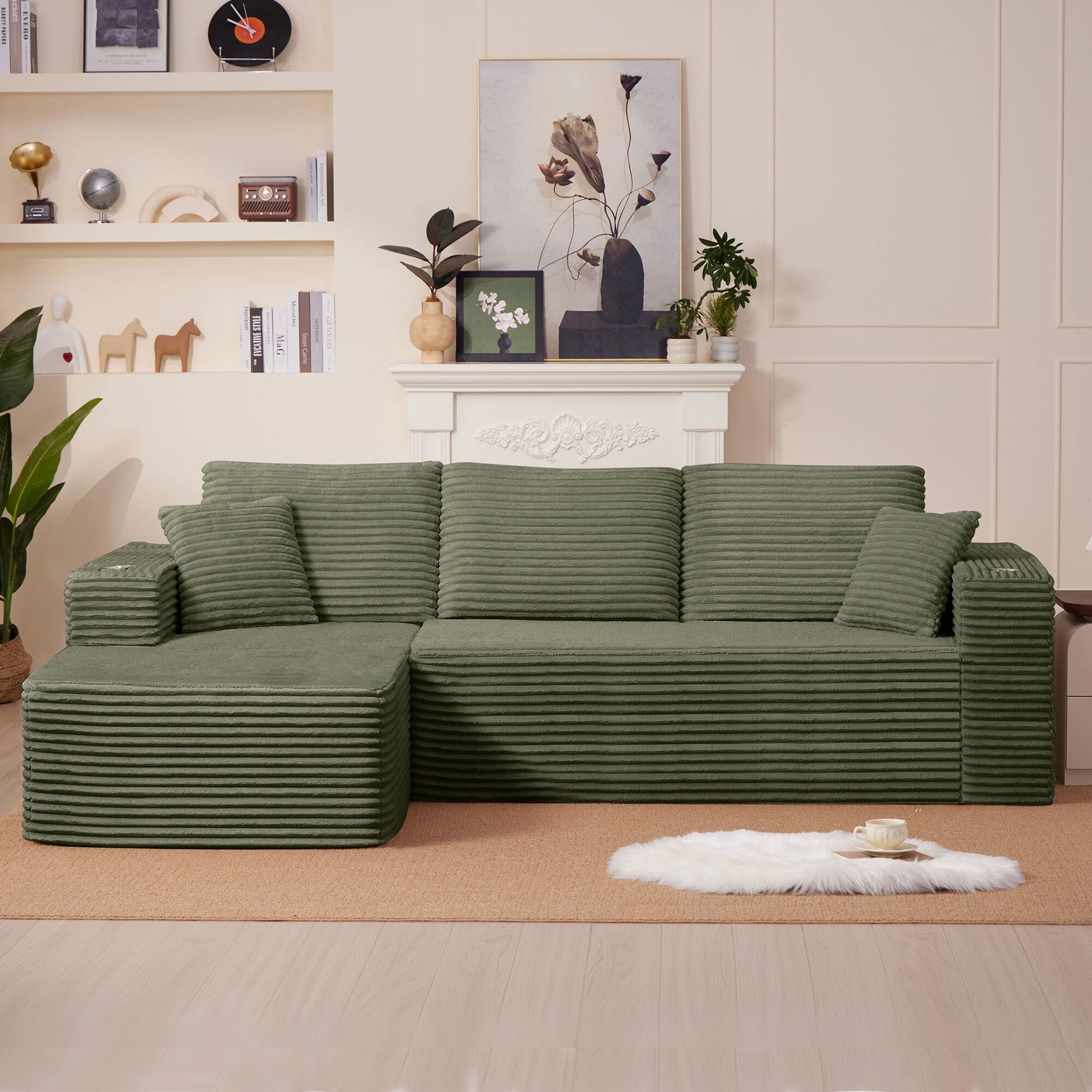 102.76 Corduroy Cloudy L Shaped Sofa With Chaise And Pillows